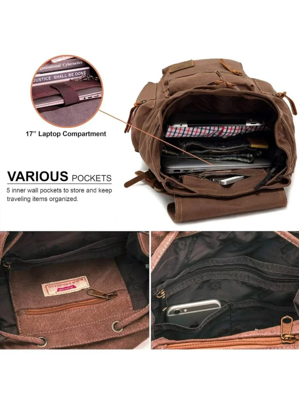 Vintage Canvas Travel Backpack, Leather Trim, Padded Laptop Sleeve, Hidden